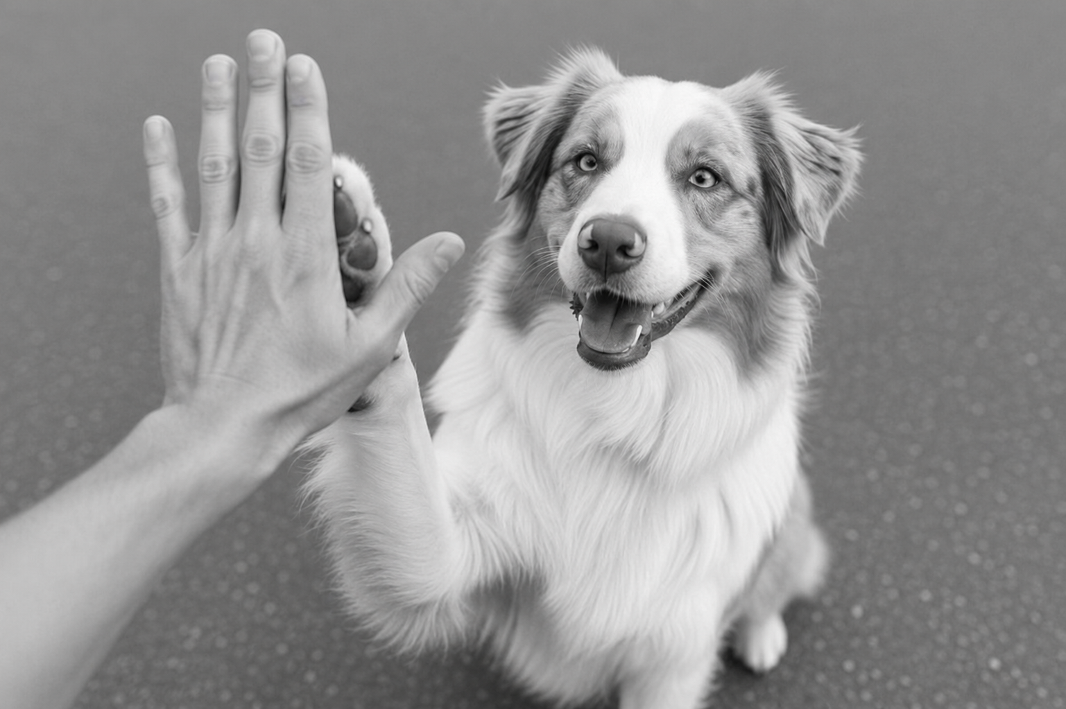 A happy dog giving a high-five to a human hand