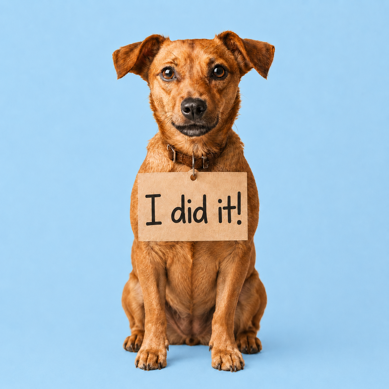 Brown dog holding a sign that reads I did it!