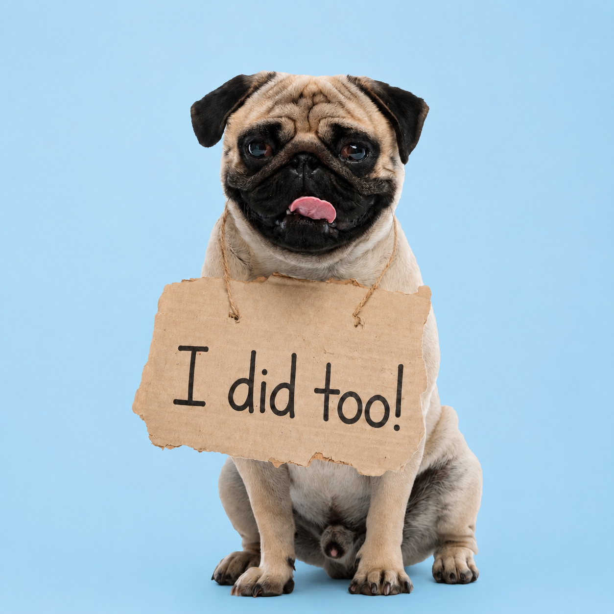 Pug holding a sign that reads I did too!
